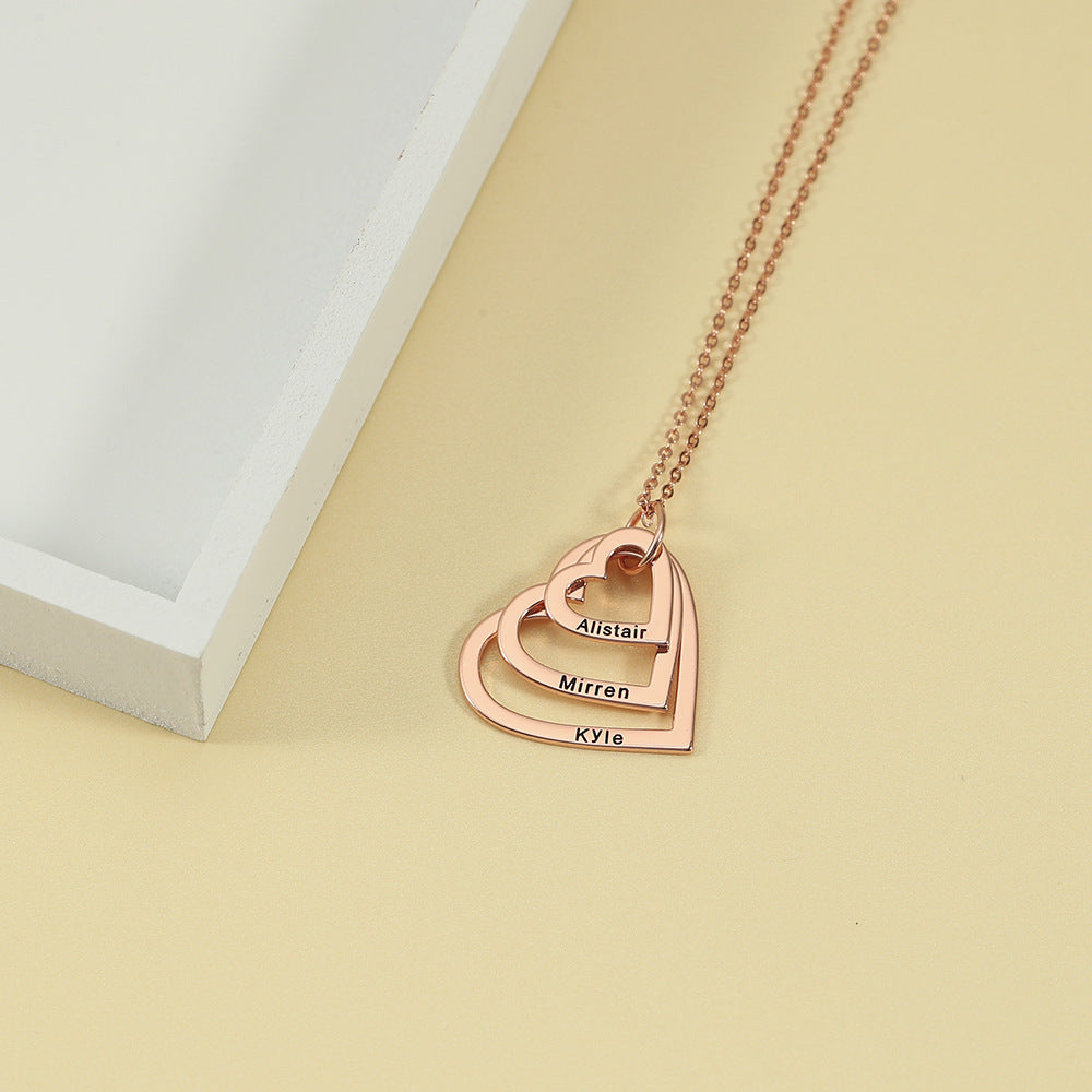 Novel fashion large, medium and small three hollow hearts customizable name design necklace