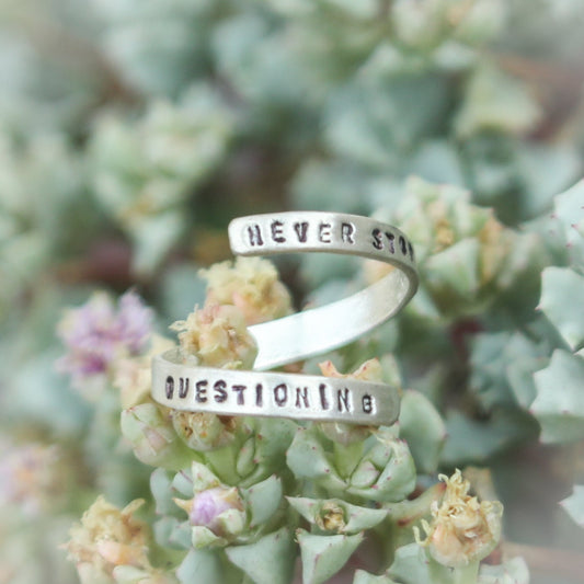 "Never Stop Questioning" - Einstein wrap ring