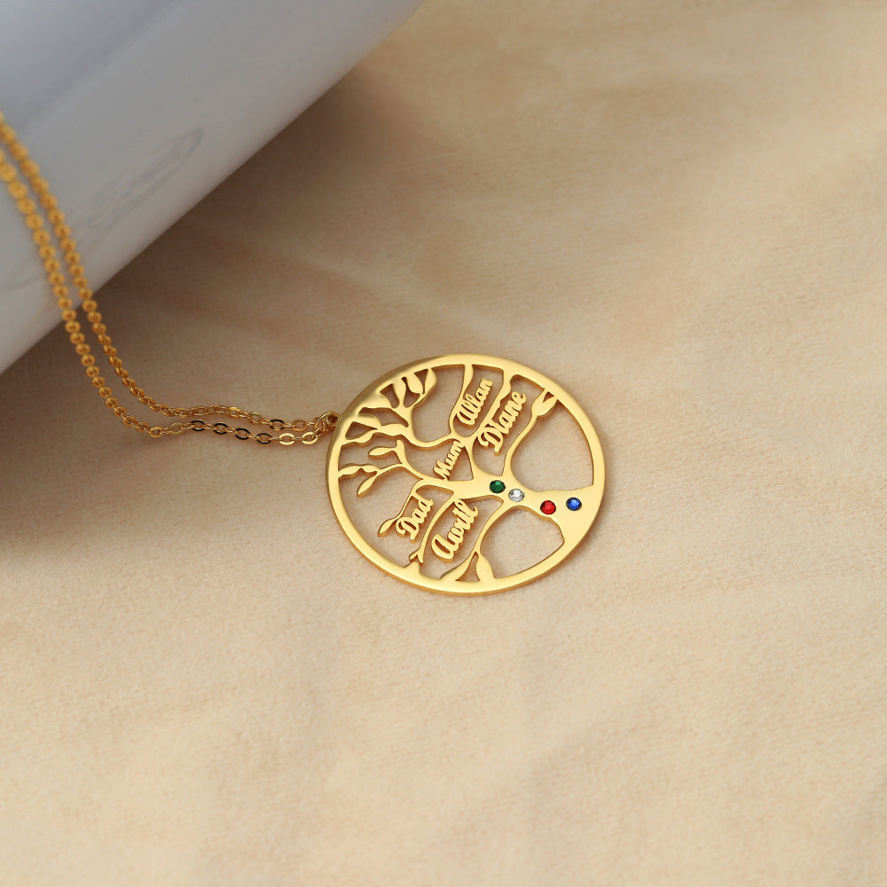 Trendy Fashion Hollow Tree of Life Inlaid Zircon Customizable Name Design Versatile Necklace